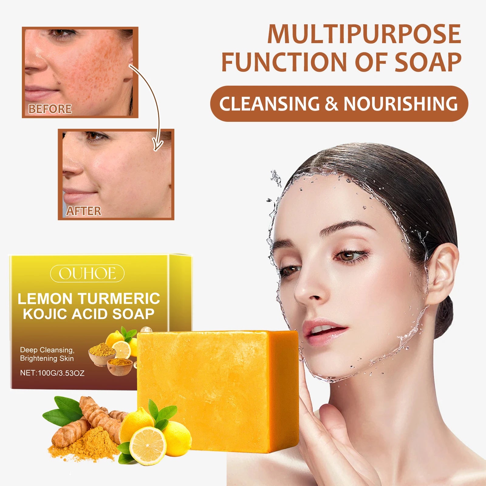 Facial Cleaning Handmade Soap Lemon Turmeric Kojic Acid Soap Deeply Cleansing Exfoliating Even Skin Tone Bathing Soap Skincare
